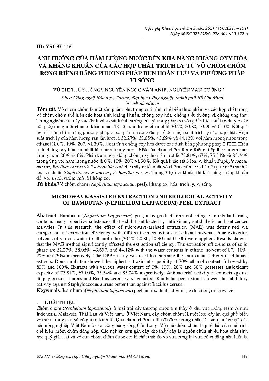 Ảnh hưởng của hàm lượng nước đến khả năng kháng oxy hóa và kháng khuẩn của các hợp chất trích ly từ vỏ chôm chôm rong riêng bằng phương pháp đun hoàn lưu và phương pháp vi sóng