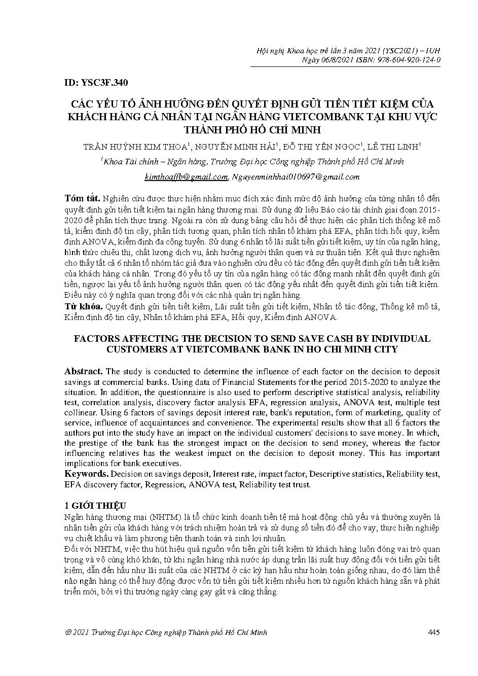 Các yếu tố ảnh hưởng đến quyết định gửi tiền tiết kiệm của khách hàng cá nhân tại ngân hàng Vietcombank tại khu vực thành phố Hồ Chí Minh