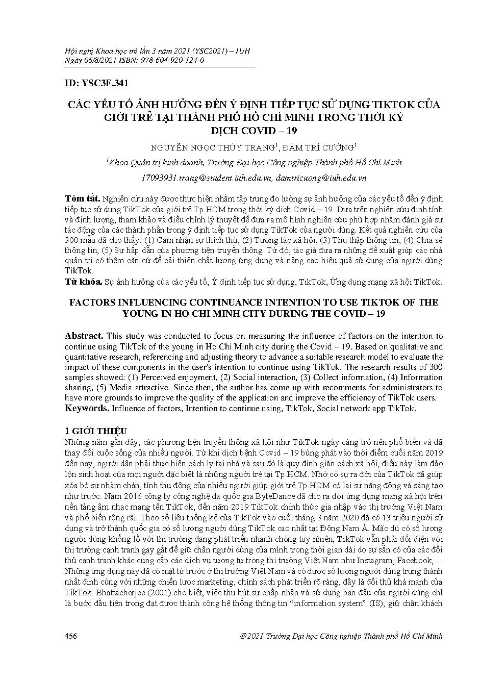 Các yếu tố ảnh hưởng đến ý định tiếp tục sử dụng tiktok của giới trẻ tại thành phố Hồ Chí Minh trong thời kỳ dịch covid – 19