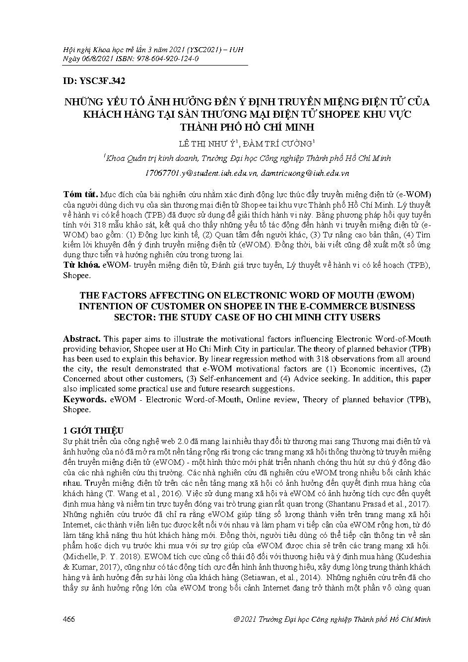 Những yếu tố ảnh hưởng đến ý định truyền miệng điện tử của khách hàng tại sàn thương mại điện tử shopee khu vực thành phố Hồ Chí Minh
