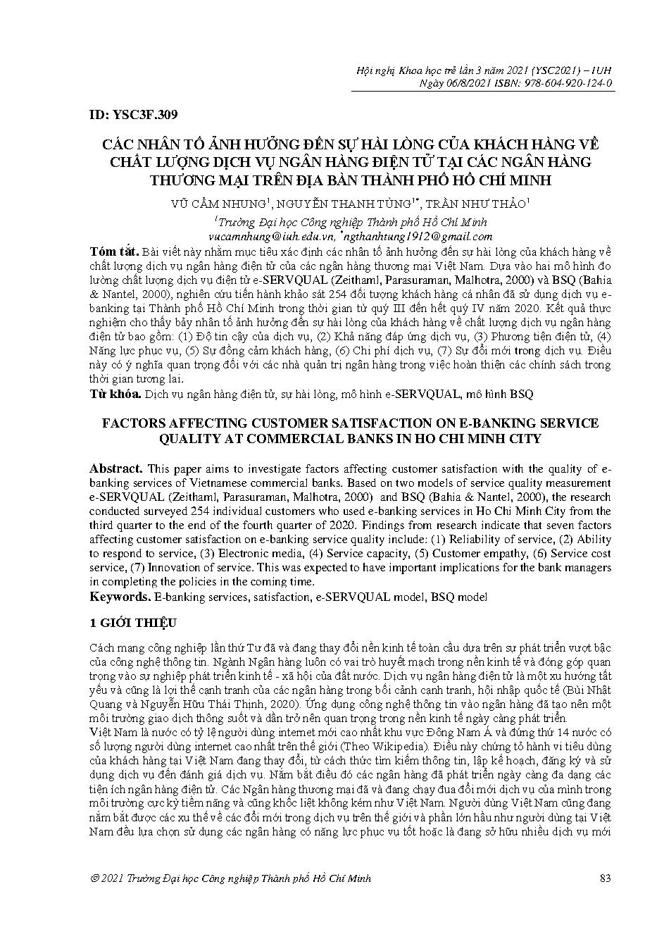 Các nhân tố ảnh hưởng đến sự hài lòng của khách hàng về chất lượng dịch vụ ngân hàng điện tử tại các ngân hàng thương mại trên địa bàn Thành phố Hồ Chí Minh
