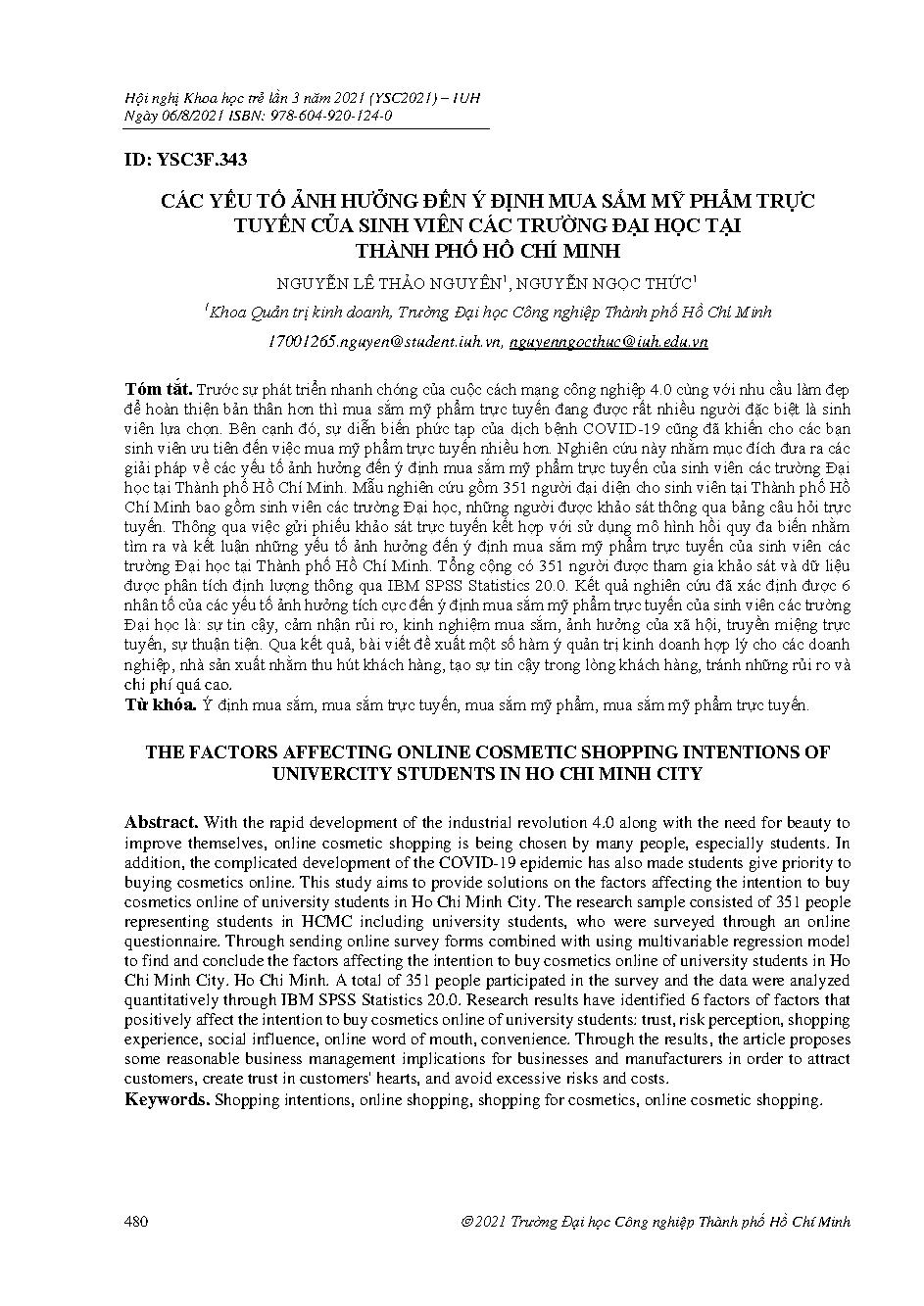 Các yếu tố ảnh hưởng đến ý định mua sắm mỹ phẩm trực tuyến của sinh viên các Trường Đại học tại Thành phố Hồ Chí Minh