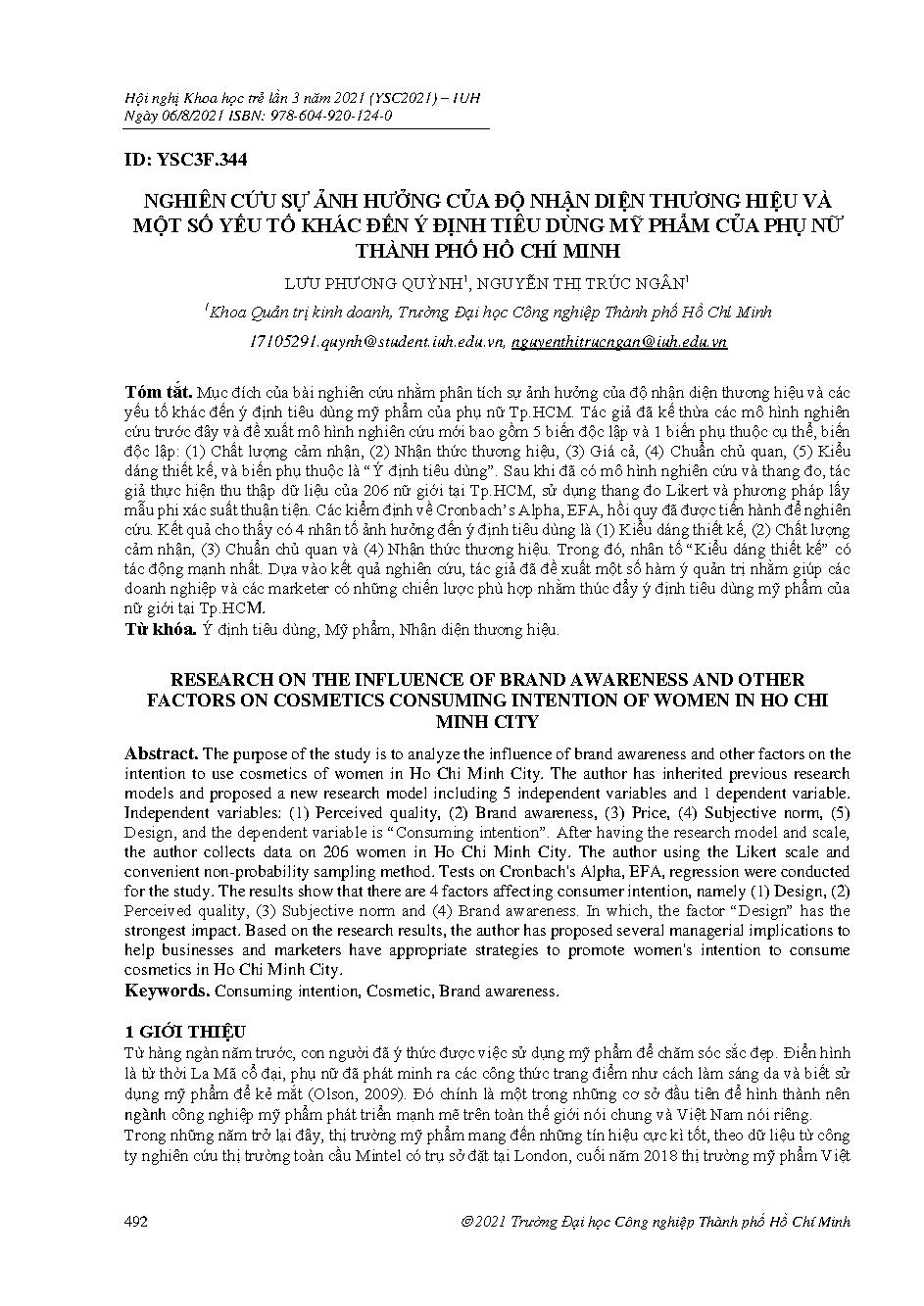 Nghiên cứu sự ảnh hưởng của độ nhận diện thương hiệu và một số yếu tố khác đến ý định tiêu dùng mỹ phẩm của phụ nữ thành phố Hồ Chí Minh