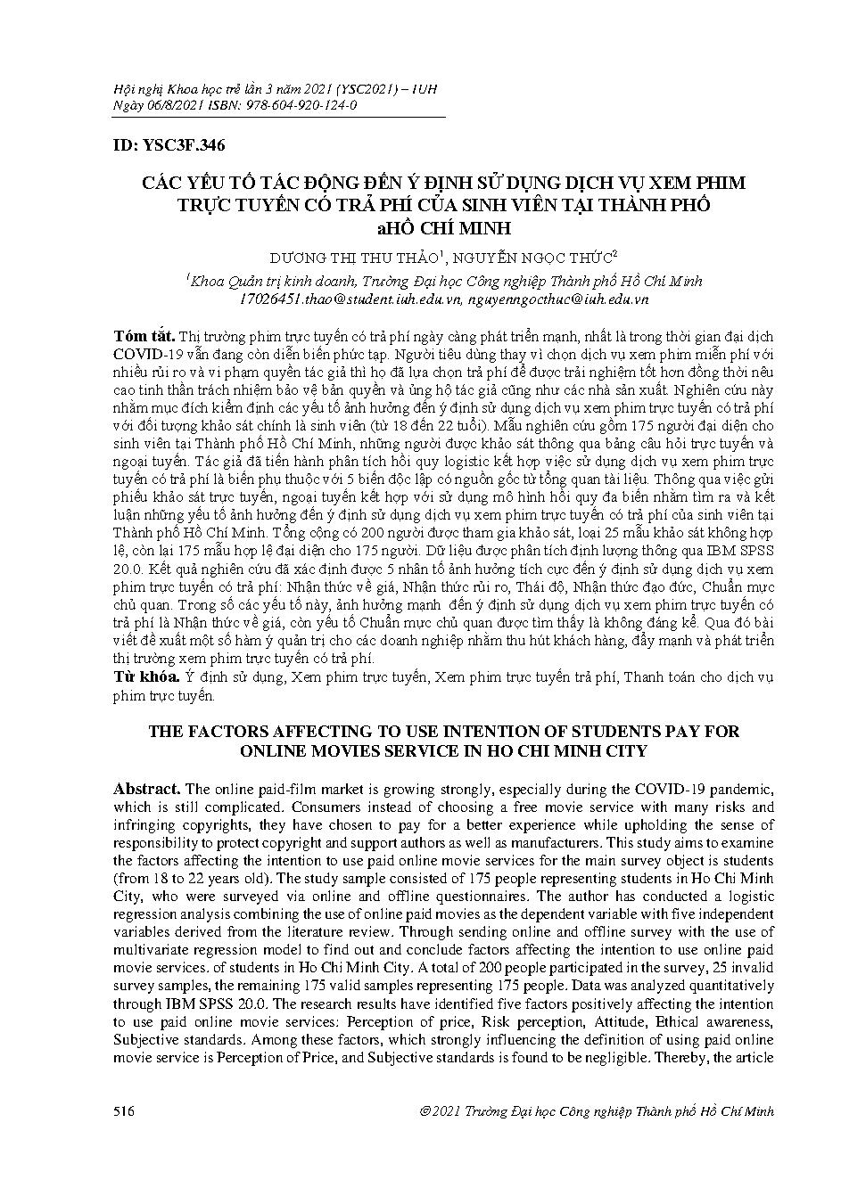 Các yếu tố tác động đến ý định sử dụng dịch vụ xem phim trực tuyến có trả phí của sinh viên tại thành phố Hồ Chí Minh