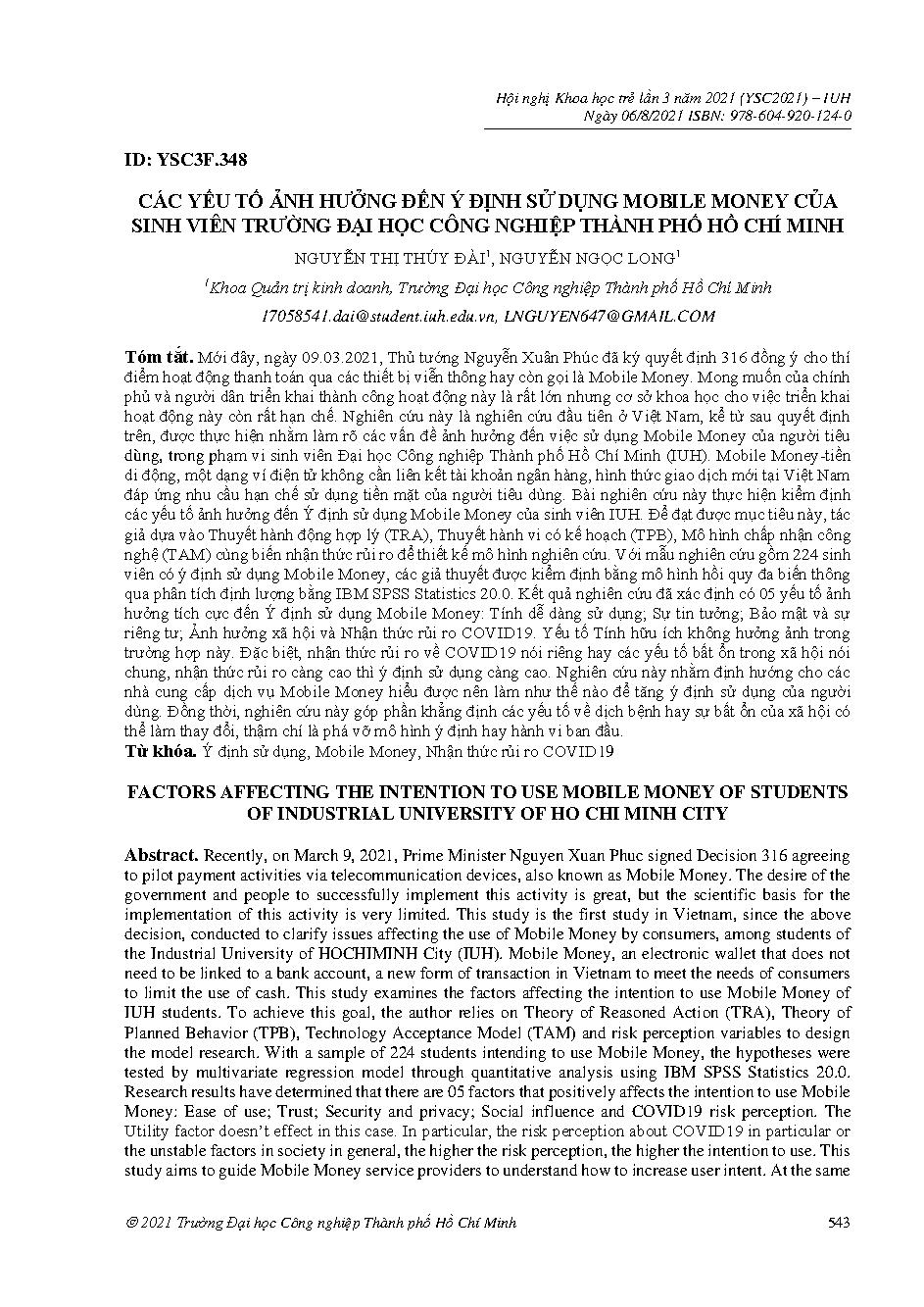 Các yếu tố ảnh hưởng đến ý định sử dụng mobile money của sinh viên Trường đại học Công nghiệp Thành phố Hồ Chí Minh