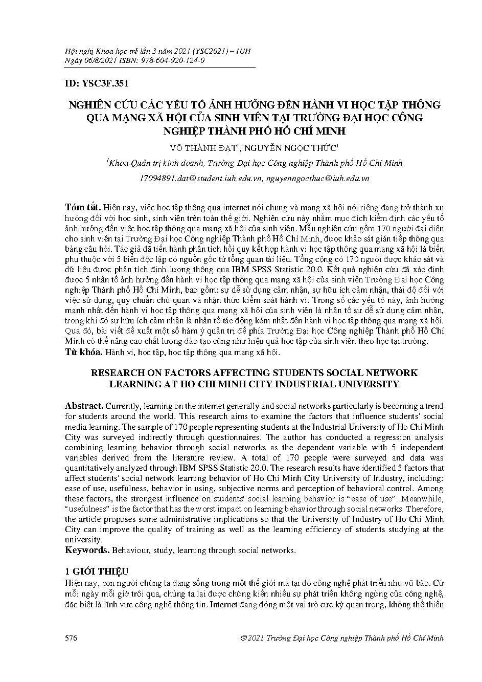 Nghiên cứu các yếu tố ảnh hưởng đến hành vi học tập thông qua mạng xã hội của sinh viên tại trường đại học công nghiệp thành phố Hồ Chí Minh