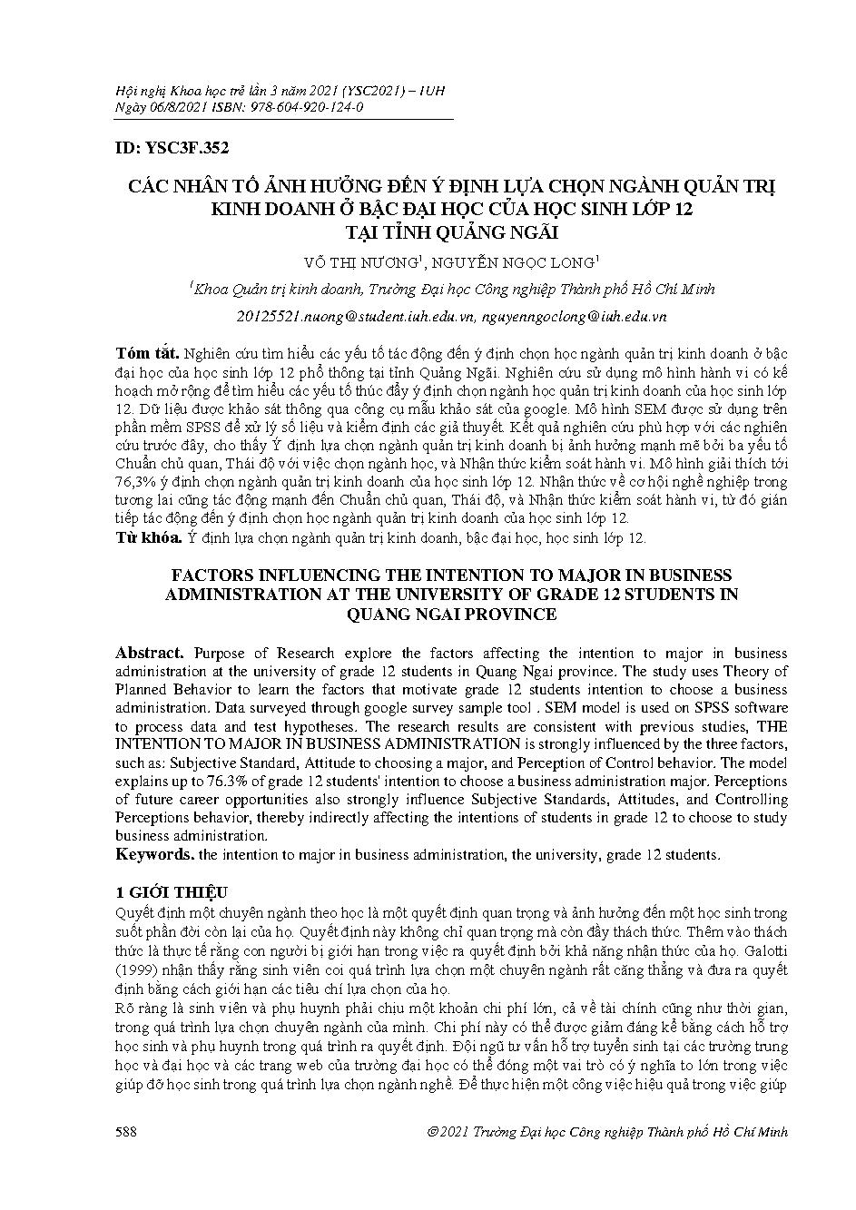 Các nhân tố ảnh hưởng đến ý định lựa chọn ngành quản trị kinh doanh ở bậc đại học của học sinh lớp 12 tại Tỉnh Quảng Ngãi
