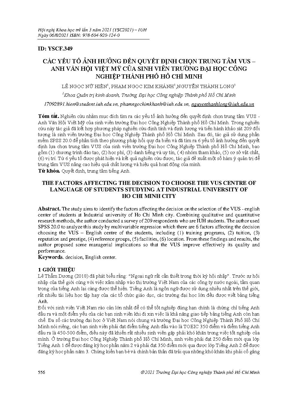 Các yếu tố ảnh hưởng đến quyết định chọn trung tâm VUS – anh văn hội Việt Mỹ của sinh viên Trường Đại học Công Nghiệp Thành phố Hồ Chí Minh