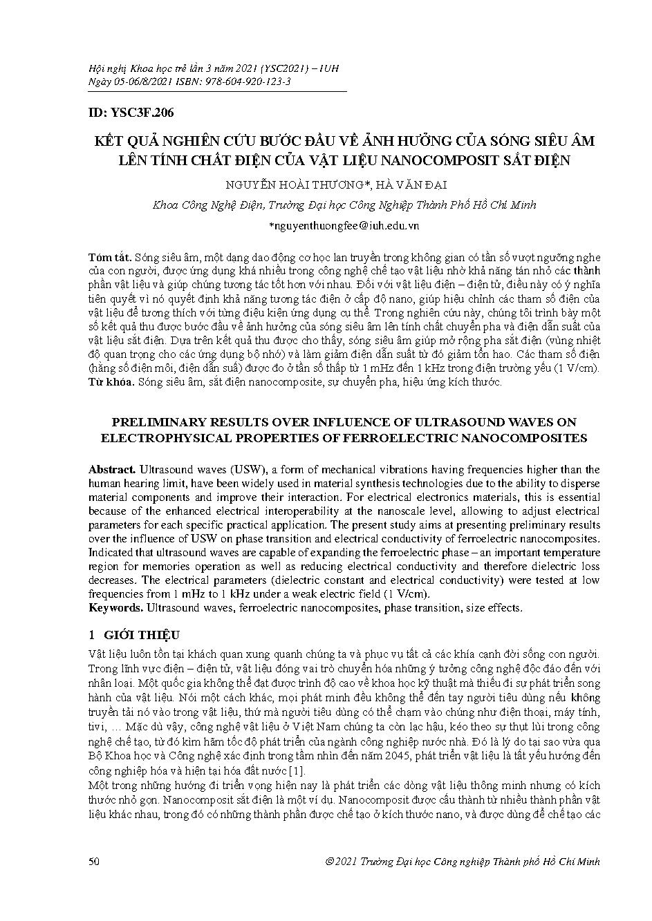 Kết quả nghiên cứu bước đầu về ảnh hưởng của sóng siêu âm lên tính chất điện của vật liệu nanocomposit sắt điện