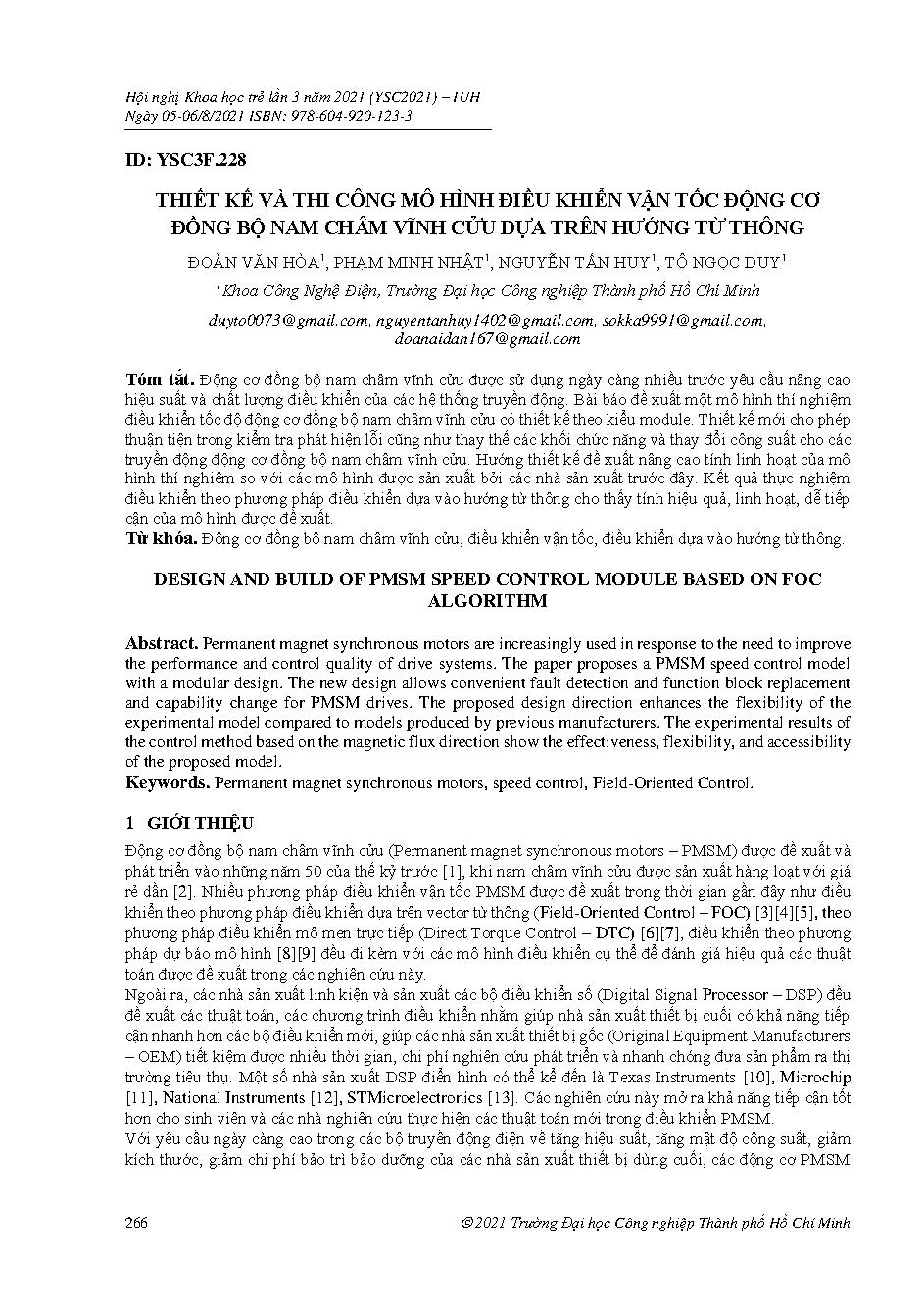 Thiết kế và thi công mô hình điều khiển vận tốc động cơ đồng bộ nam châm vĩnh cửu dựa trên hướng từ thông