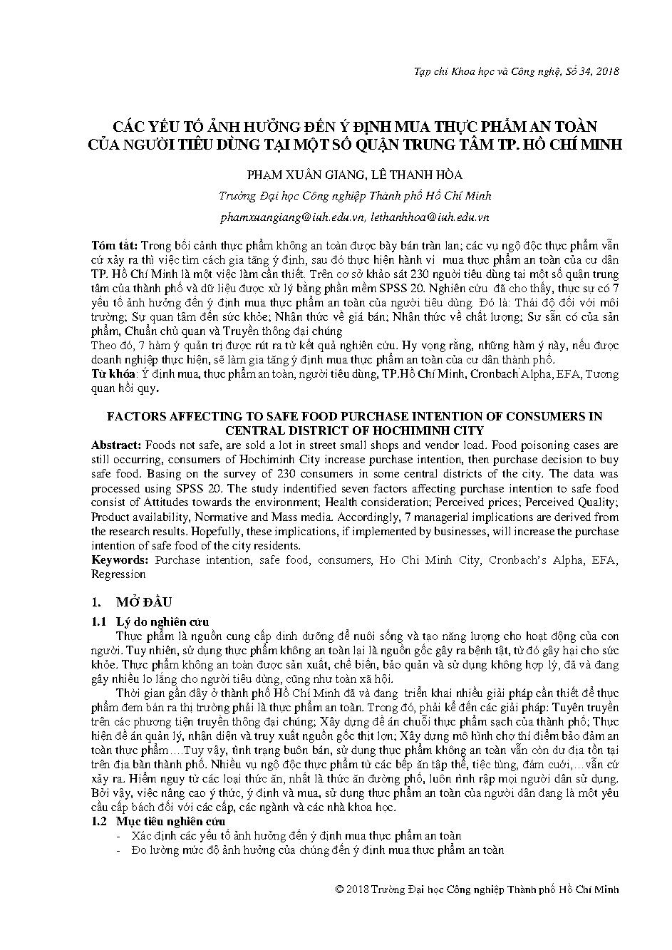 Các yếu tố ảnh hưởng đến ý định mua thực phẩm an toàn của người tiêu dùng tại một số quận Trung tâm Tp. Hồ Chí Minh