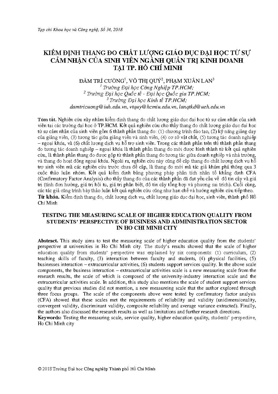 Kiểm định thang đo chất lượng giáo dục đại học từ sự cảm nhận của sinh viên ngành quản trị kinh doanh tại Tp. Hồ Chí Minh