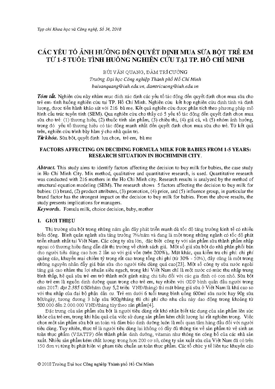 Các yếu tố ảnh hưởng đến quyết định mua sữa bột trẻ em từ 1-5 tuổi: tình huống nghiên cứu tại Tp. Hồ Chí Minh