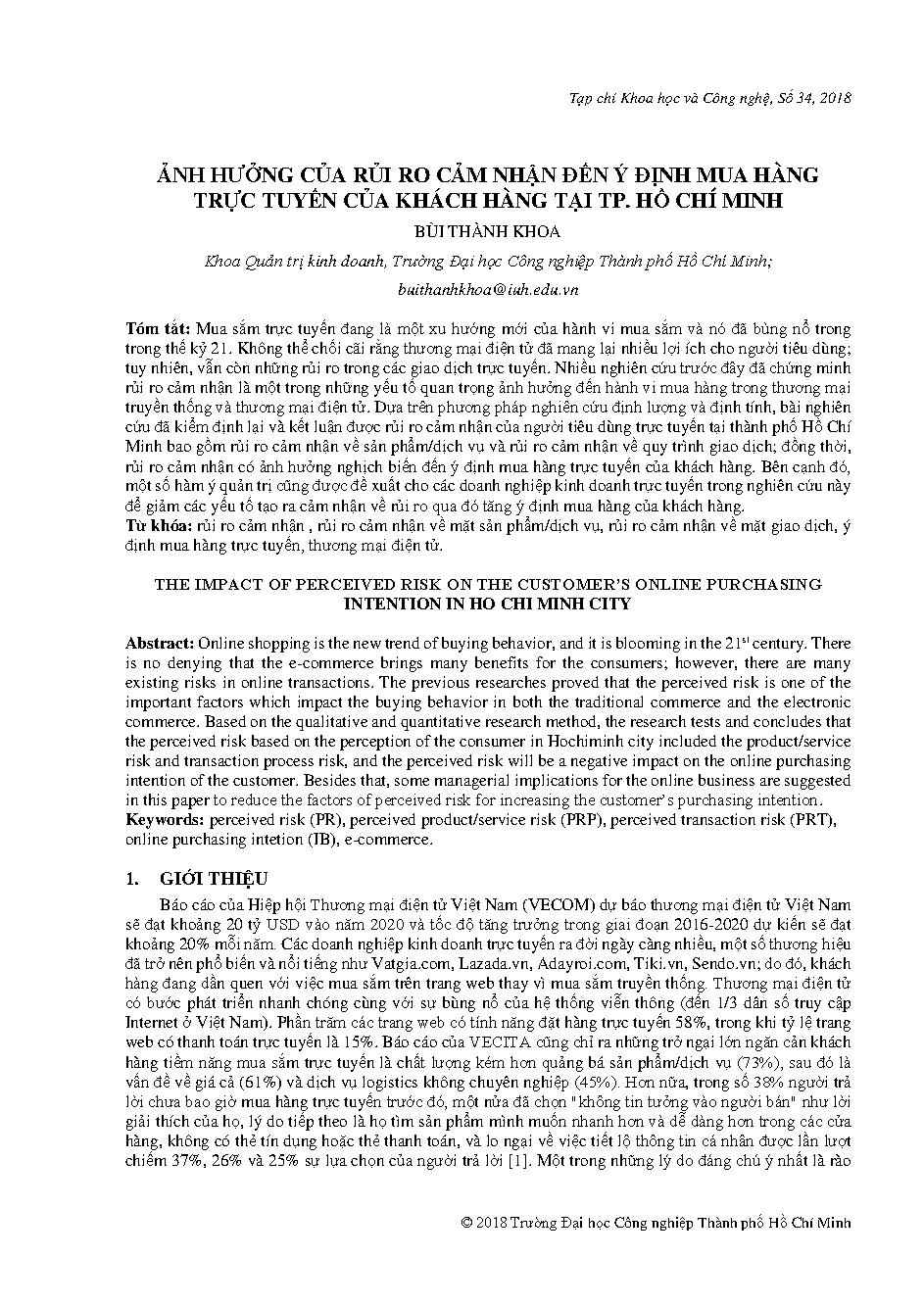 Ảnh hưởng của rủi ro cảm nhận đến ý định mua hàng trực tuyến của khách hàng tại Tp. Hồ Chí Minh