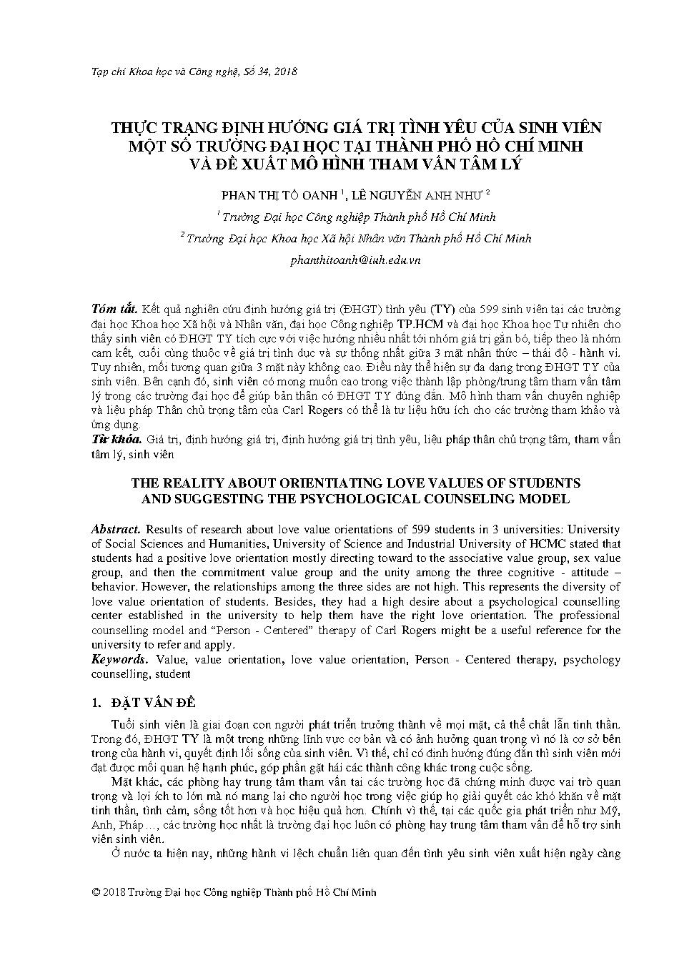 Thực trạng định hướng giá trị tình yêu của sinh viên một số trường đại học tại Thành phố Hồ Chí Minh và đề xuất mô hình tham vấn tâm lý