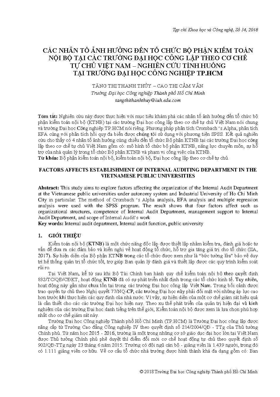 Các nhân tố ảnh hưởng đến tổ chức bộ phận kiểm toán nội bộ tại các Trường Đại học Công lập theo cơ chế tự chủ Việt Nam – Nghiên cứu tình huống tại Trường Đại học Công nghiệp Tp.HCM