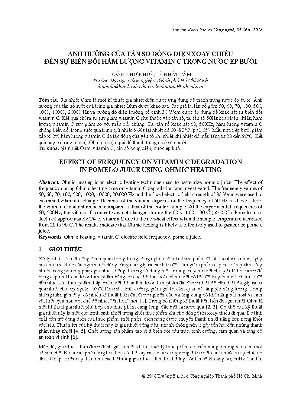 Ảnh hưởng của tần số dòng điện xoay chiều đến sự biến đổi hàm lượng vitamin c trong nước ép bưởi