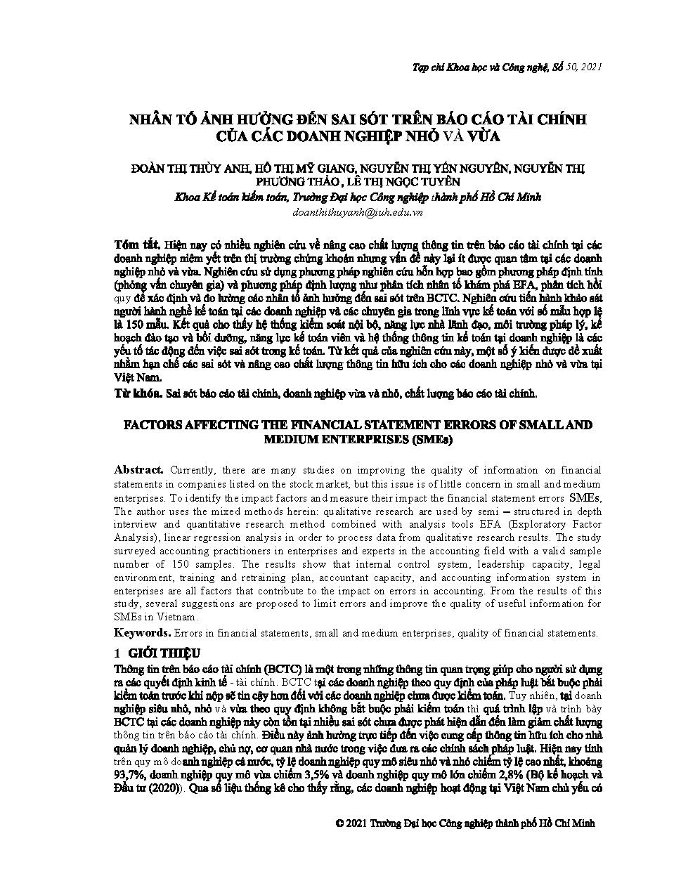 Nhân tố ảnh hưởng đến sai sót trên báo cáo tài chính của các doanh nghiệp nhỏ và vừa