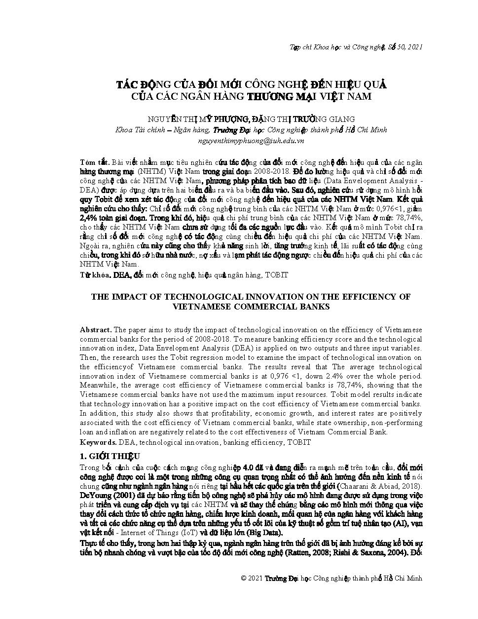 Tác động của đổi mới công nghệ đến hiệu quả của các Ngân hàng Thương mại Việt Nam