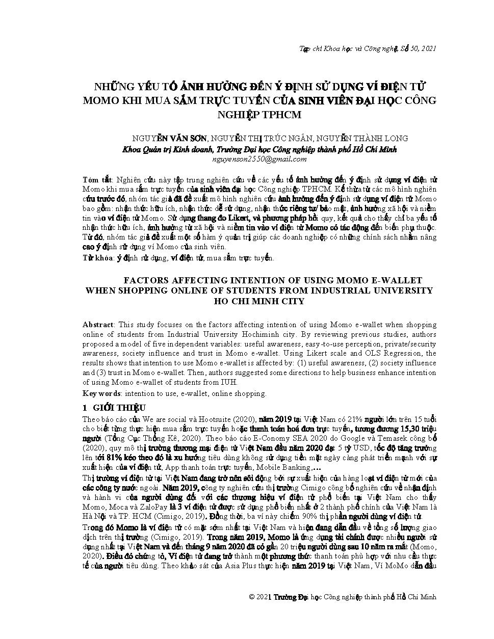 Những yếu tố ảnh hưởng đến ý định sử dụng ví điện tử Momo khi mua sắm trực tuyến của sinh viên Đại học Công nghiệp Tp. Hồ Chí Minh