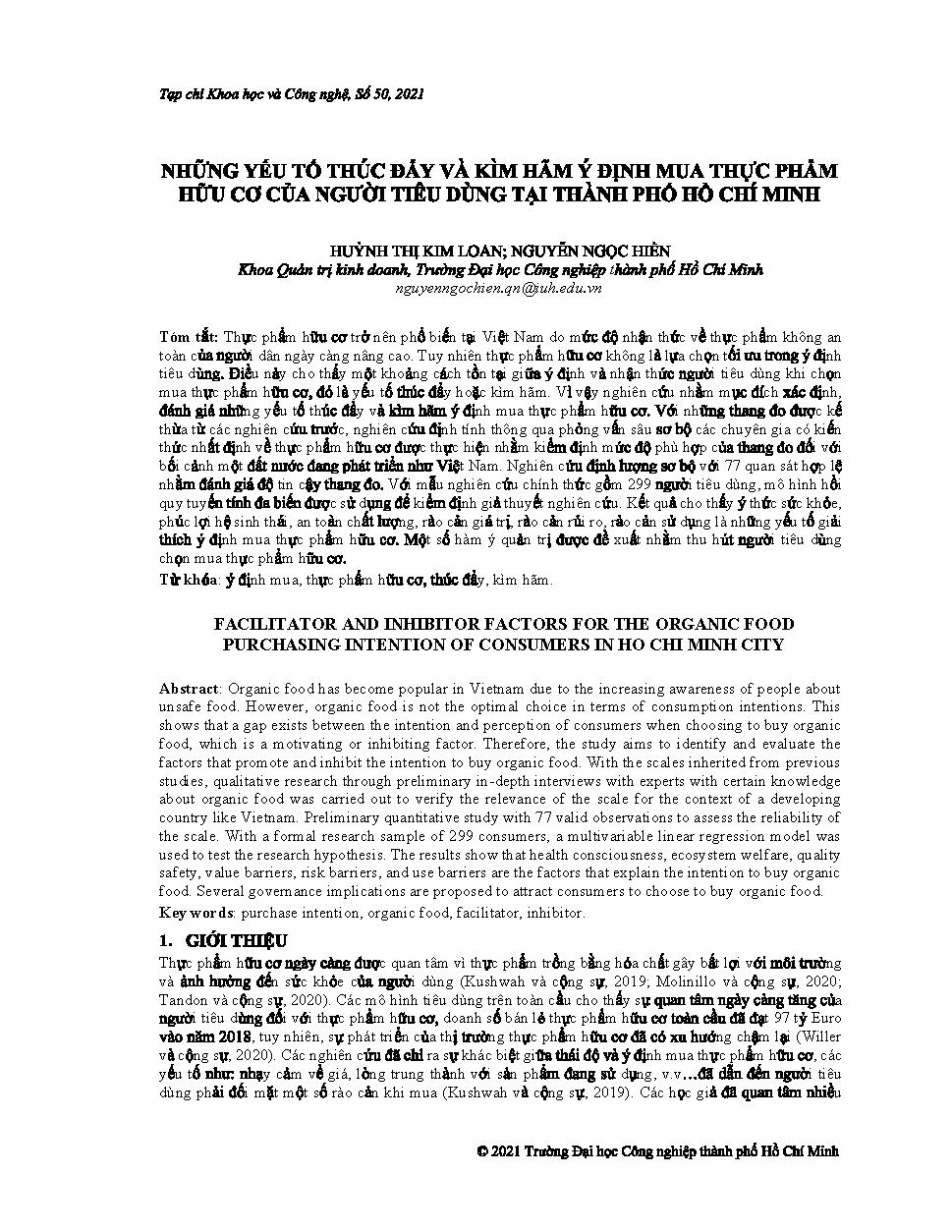 Những yếu tố thúc đẩy và kìm hãm ý định mua thực phẩm hữu cơ của người tiêu dùng tại Thành phố Hồ Chí Minh