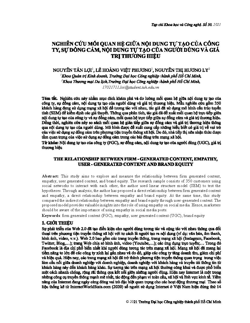 Nghiên cứu mối quan hệ giữa nội dung tự tạo của công ty, sự đồng cảm, nội dung tự tạo của người dùng và giá trị thương hiệu