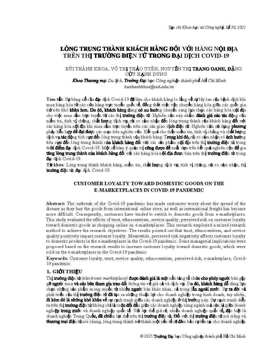 Lòng trung thành khách hàng đối với hàng nội địa trên thị trường điện tử trong đại dịch Covid-19