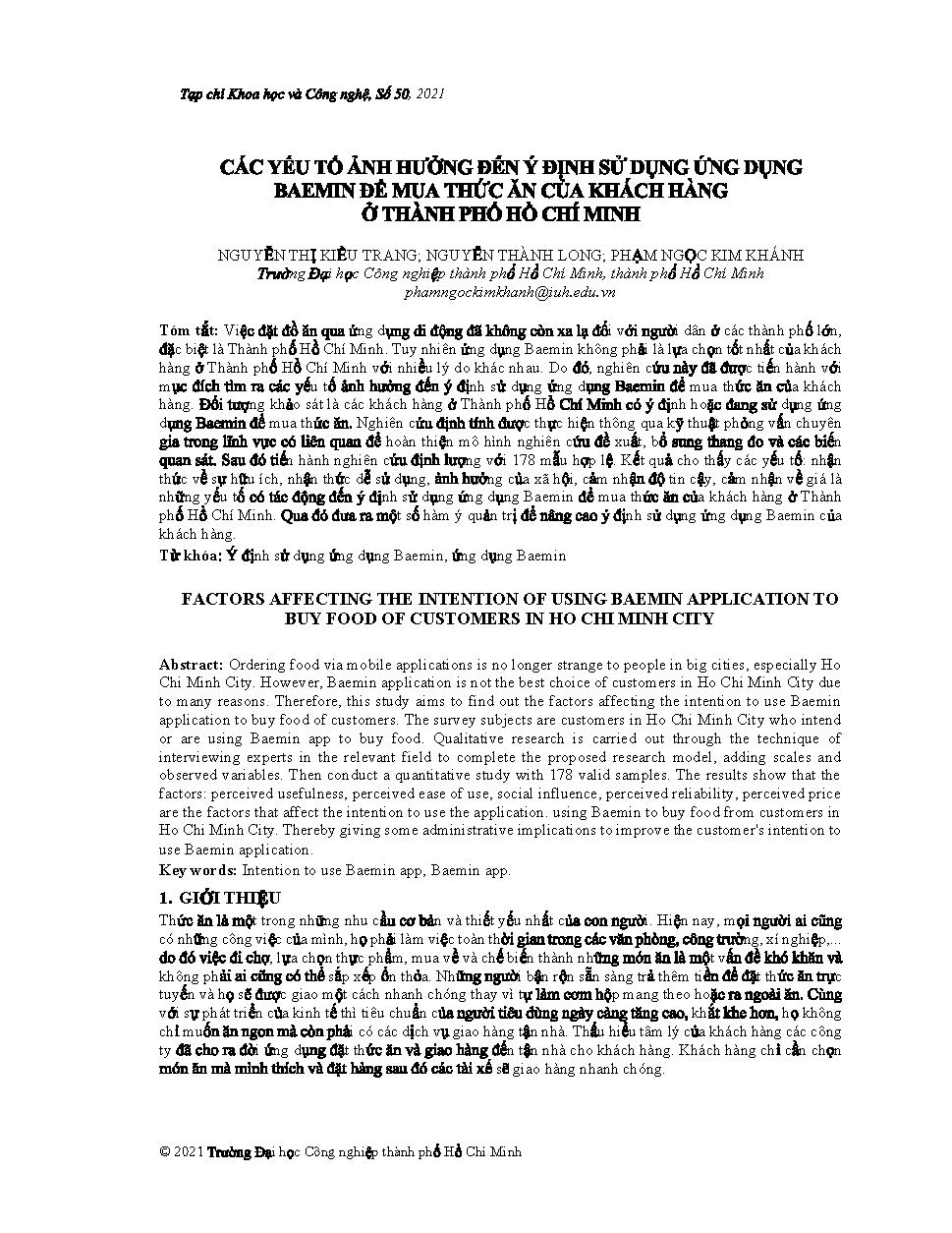 Các yếu tố ảnh hưởng đến ý định sử dụng ứng dụng Baemin để mua thức ăn của khách hàng ở Thành phố Hồ Chí Minh