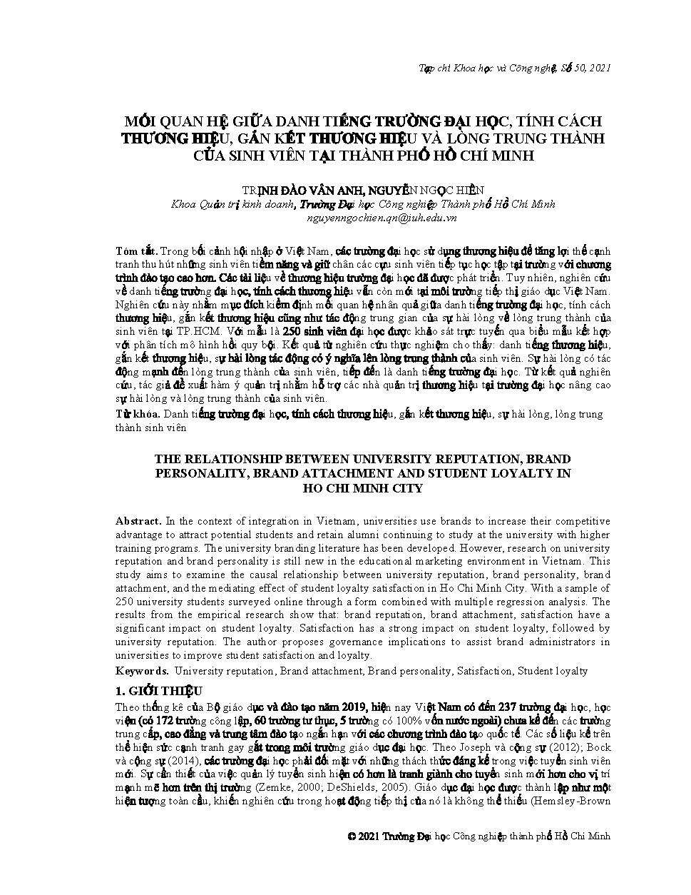 Mối quan hệ giữa danh tiếng Trường Đại học, tính cách thương hiệu, gắn kết thương hiệu và lòng trung thành của sinh viên tại Tp. Hồ Chí Minh