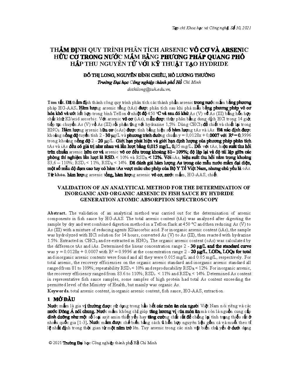 Thẩm định quy trình phân tích Arsenic vô cơ và Arsenic hữu cơ trong nước mắm bằng phương pháp quang phổ hốp thu nguyên tử với kỹ thuật tạo hydride