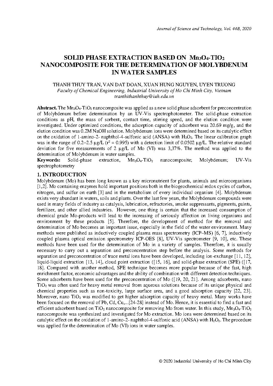 Solid phase extraction based on mn3o4-tio2 nanocomposite for the determination of molybdenum in water samples