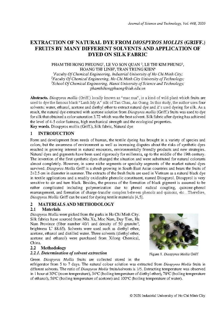 Extraction of natural dye from diospyros mollis (griff.) fruits by many different solvents and application of dyed on silk fabric