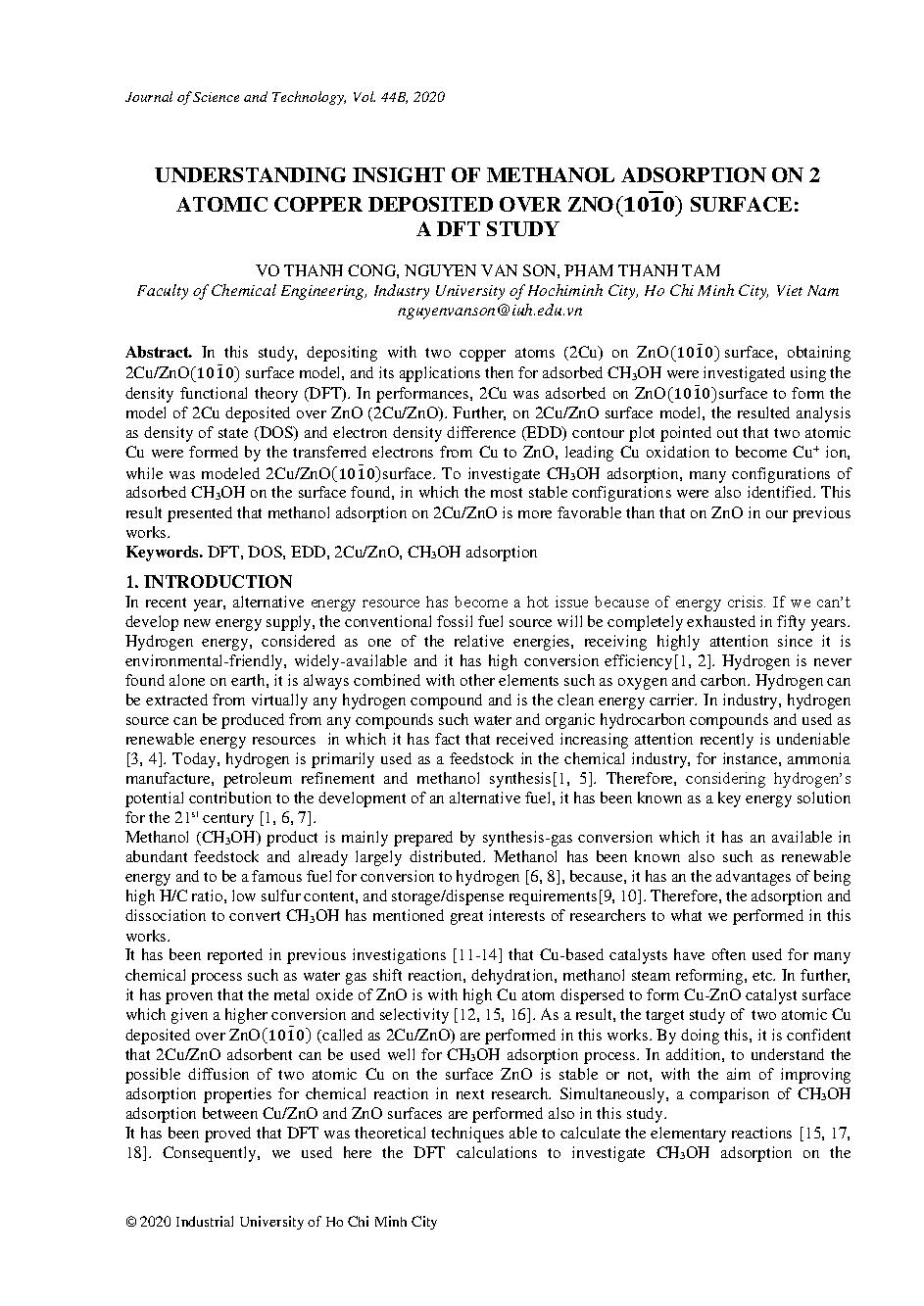 Understanding insight of methanol adsorption on 2 atomic copper deposited over zno() surface: a dft study