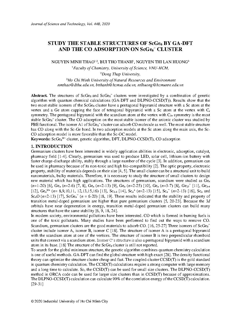 Study the stable structures of scge6 by ga-dft and the co adsorption on scge6− cluster