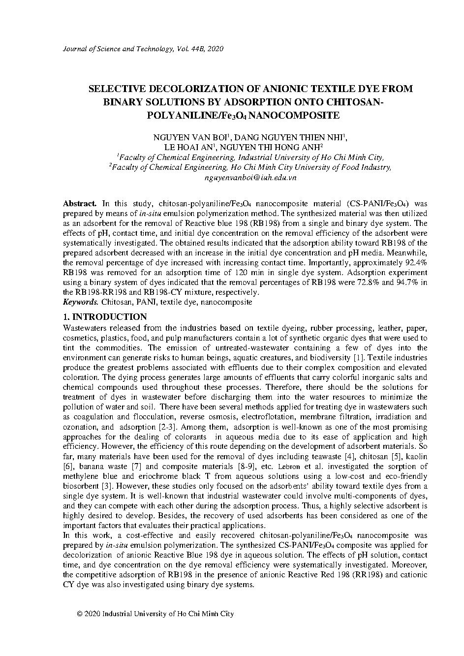 Selective decolorization of anionic textile dye from binary solutions by adsorption onto chitosan-polyaniline/Fe3O4 nanocomposite