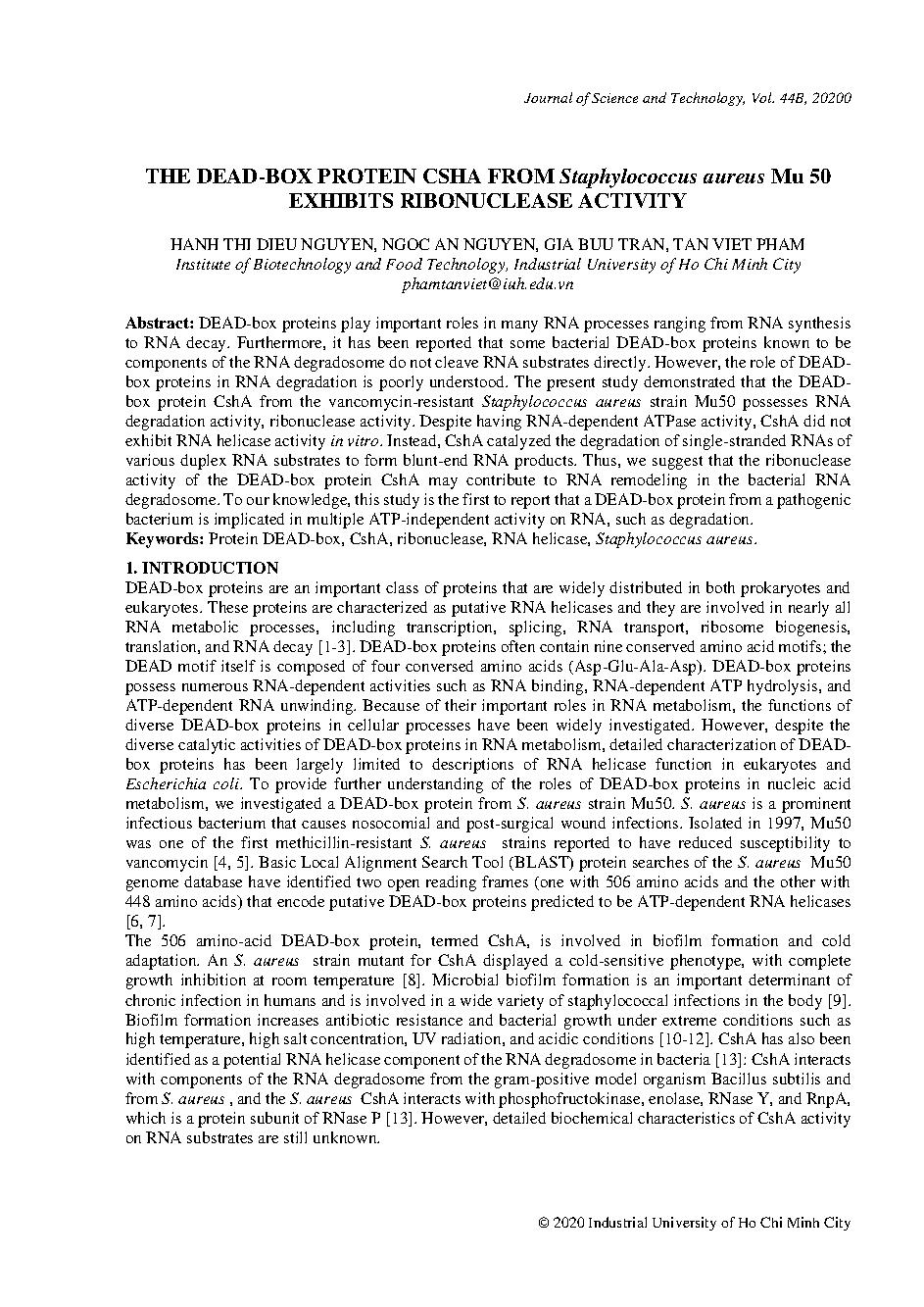 The dead-box protein csha from staphylococcus aureus Mu 50 exhibits ribonuclease activity