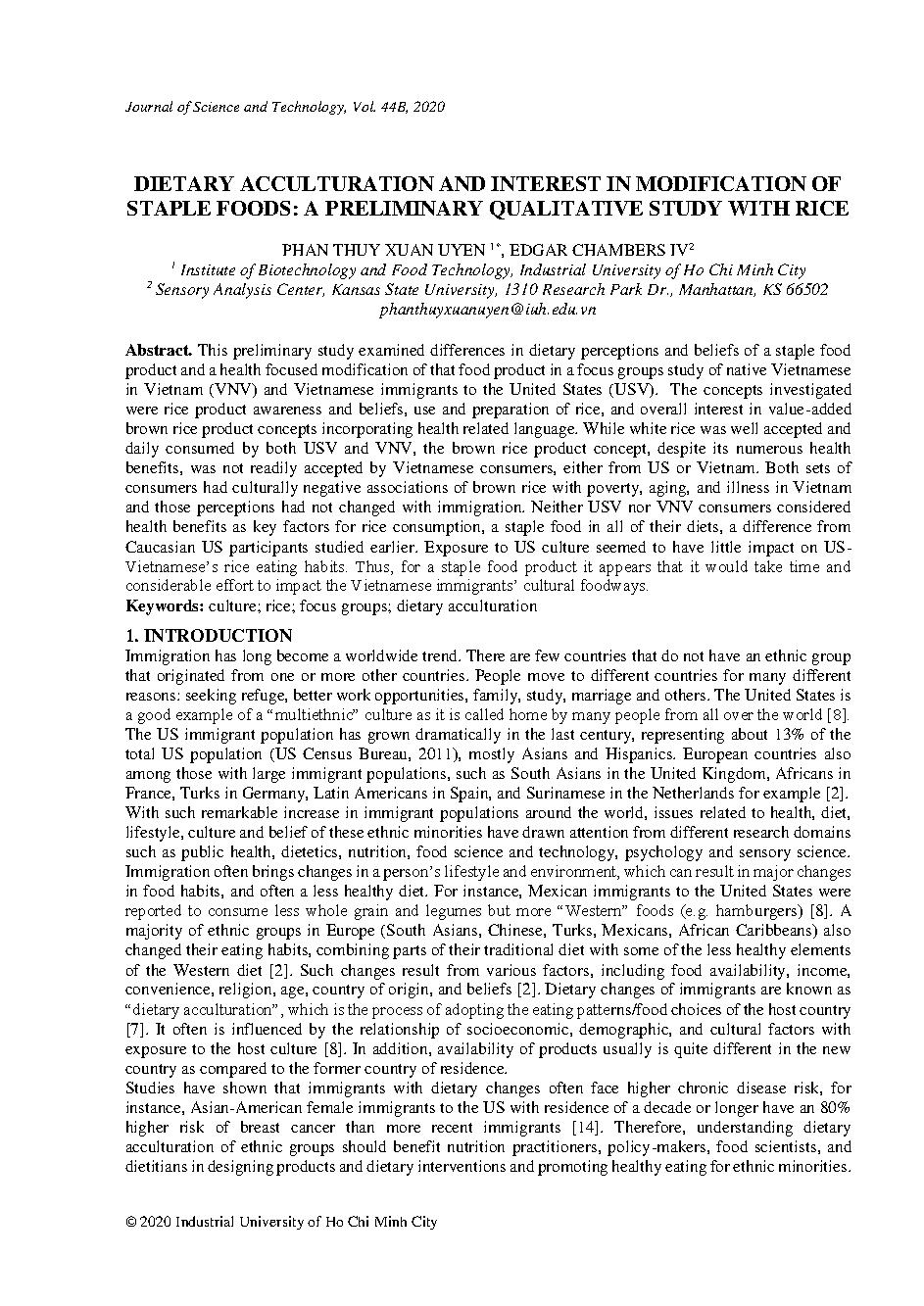 Dietary acculturation and interest in modification of staple foods: a preliminary qualitative study with rice