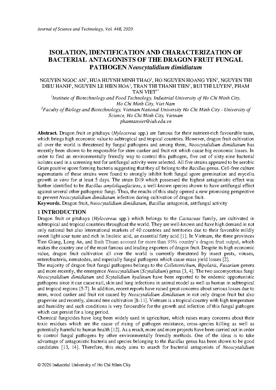 Isolation, identification and characterization of bacterial antagonists of the dragon fruit fungal pathogen neoscytalidium dimidiatum