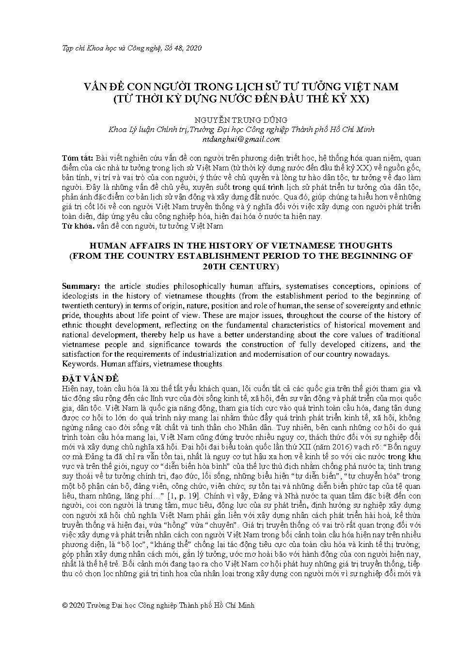 Vấn đề con người trong lịch sử tư tưởng Việt Nam (từ thời kỳ dựng nước đến đầu thế kỷ XX)