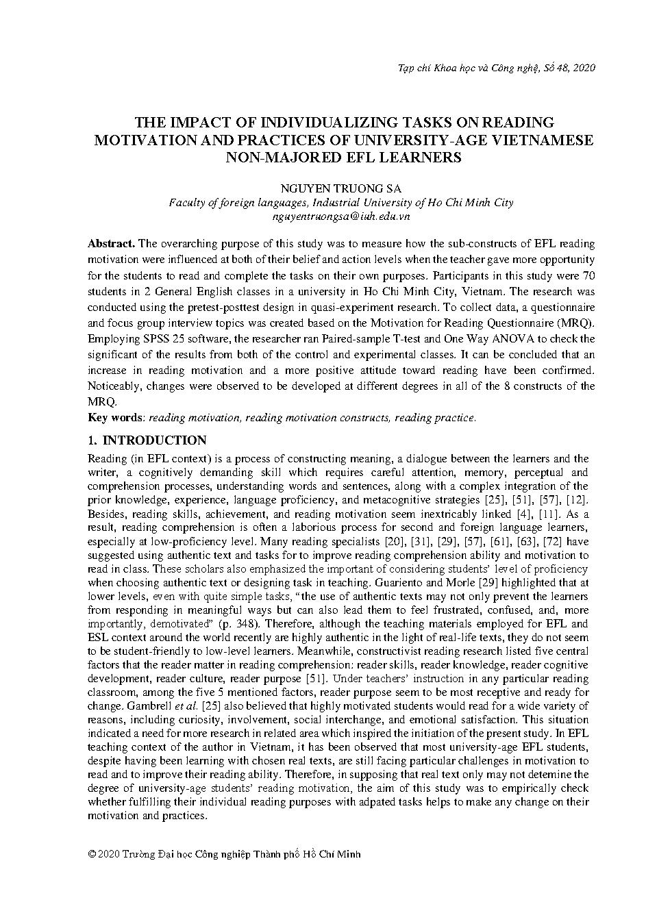 The impact of individualizing tasks on reading motivation and practices of University-age Vietnamese non-majored efl learners