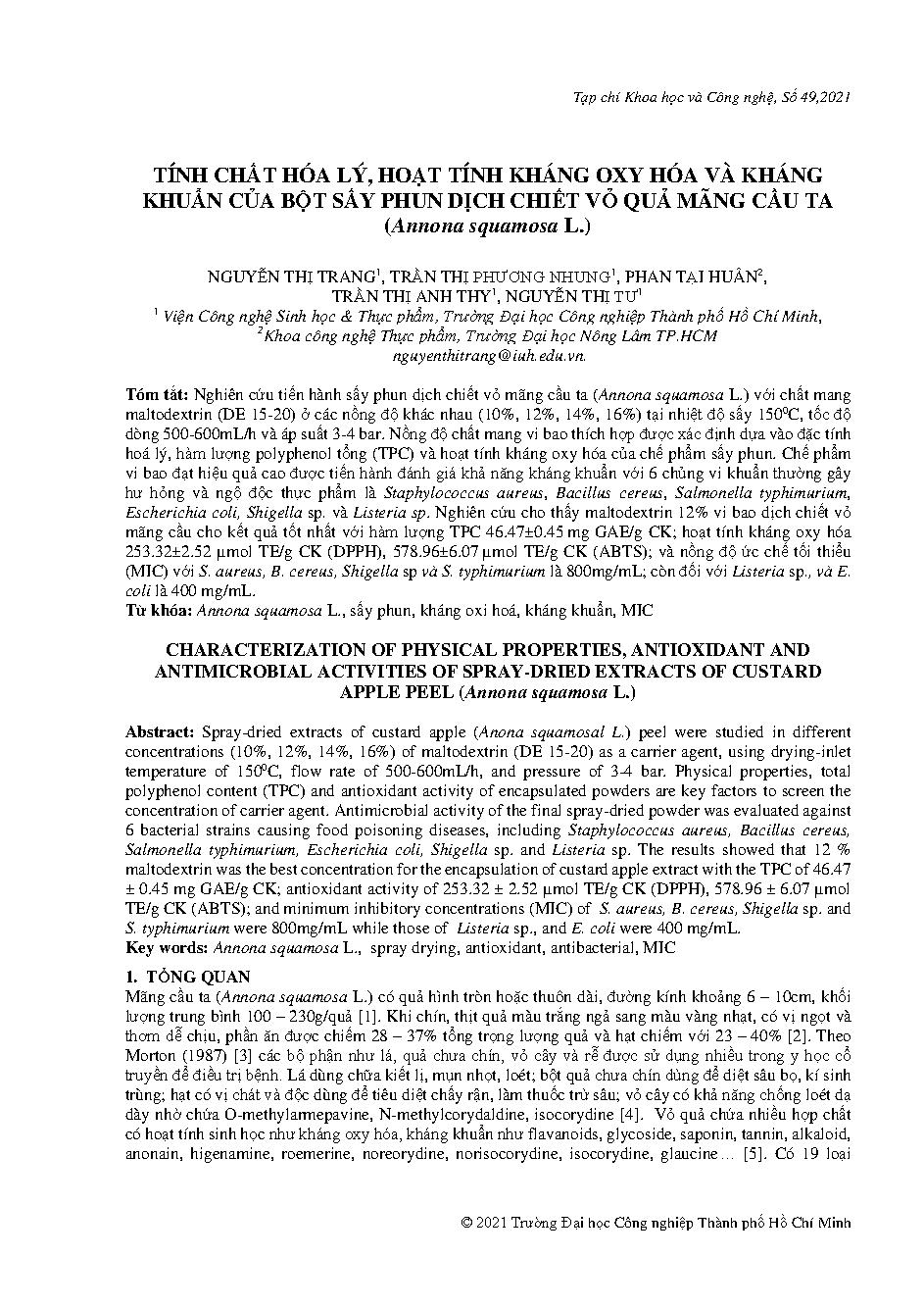 Tính chất hóa lý, hoạt tính kháng oxy hóa và kháng khuẩn của bột sấy phun dịch chiết vỏ quả mãng cầu ta (annona squamosa L.)
