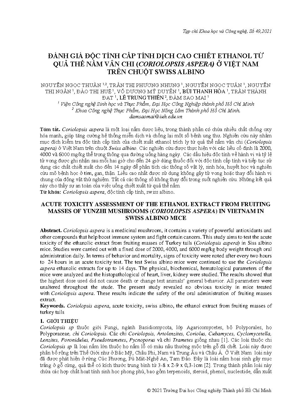 Đánh giá độc tính cấp tính dịch cao chiết ethanol từ quả thể nấm vân chi (Coriolopsis aspera) ở Việt Nam trên chuột swiss albino