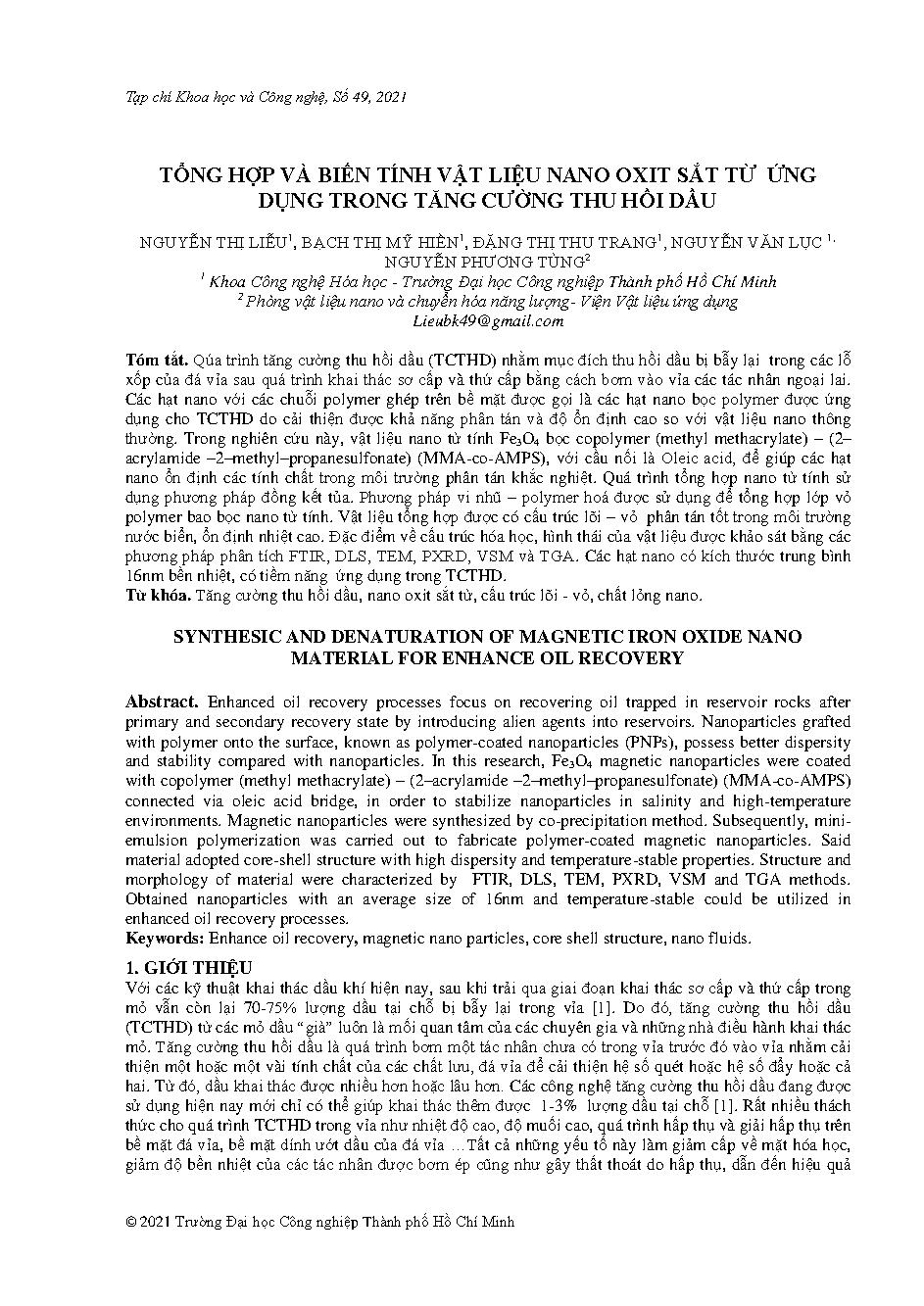 Tổng hợp và biến tính vật liệu nano oxit sắt từ ứng dụng trong tăng cường thu hồi dầu