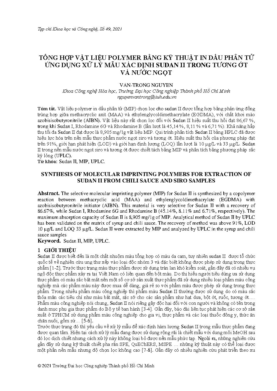 Tổng hợp vật liệu polymer bằng kỹ thuật in dấu phân tử ứng dụng xử lý mẫu xác định sudan ii trong tương ớt và nước ngọt