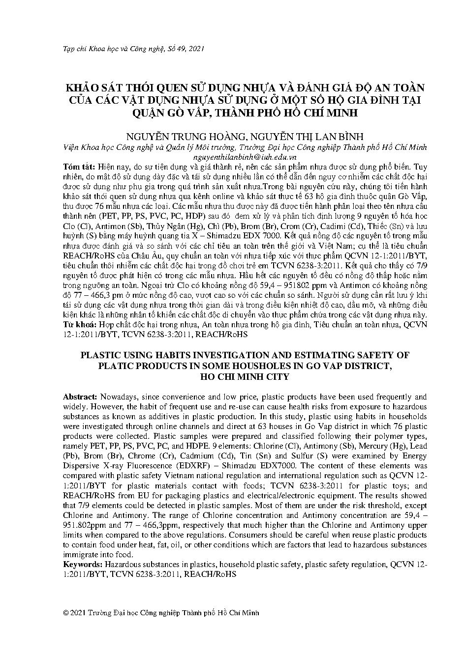 Khảo sát thói quen sử dụng nhựa và đánh giá độ an toàn của các vật dụng nhựa sử dụng ở một số hộ gia đình tại quận Gò Vấp, Thành phố Hồ Chí Minh