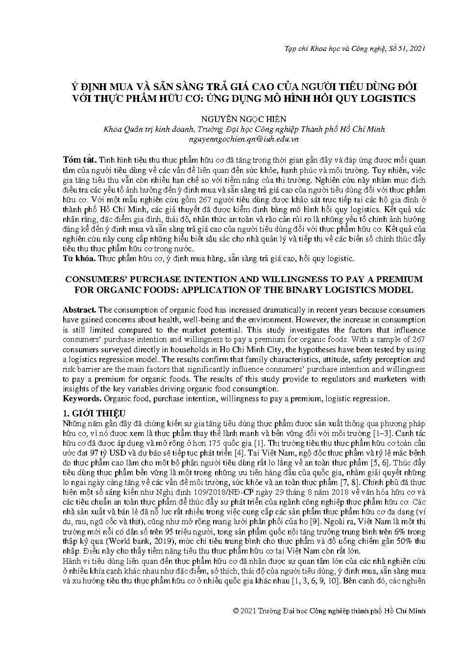 Ý định mua và sẵn sàng trả giá cao của người tiêu dùng đối với thực phẩm hữu cơ: ứng dụng mô hình hồi quy logistics