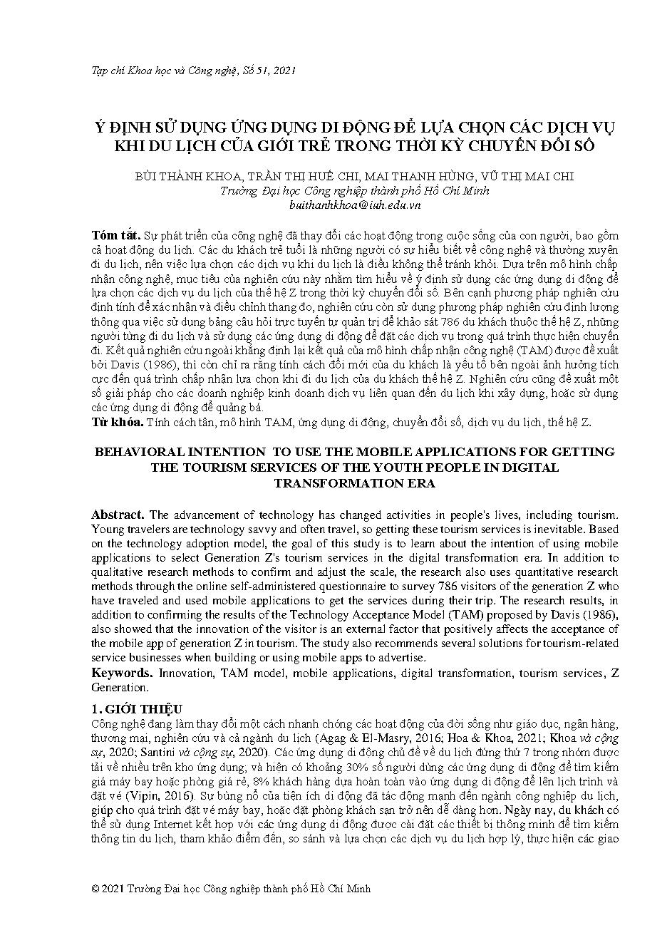 Ý định sử dụng ứng dụng di động để lựa chọn các dịch vụ khi du lịch của giới trẻ trong thời kỳ chuyển đổi số
