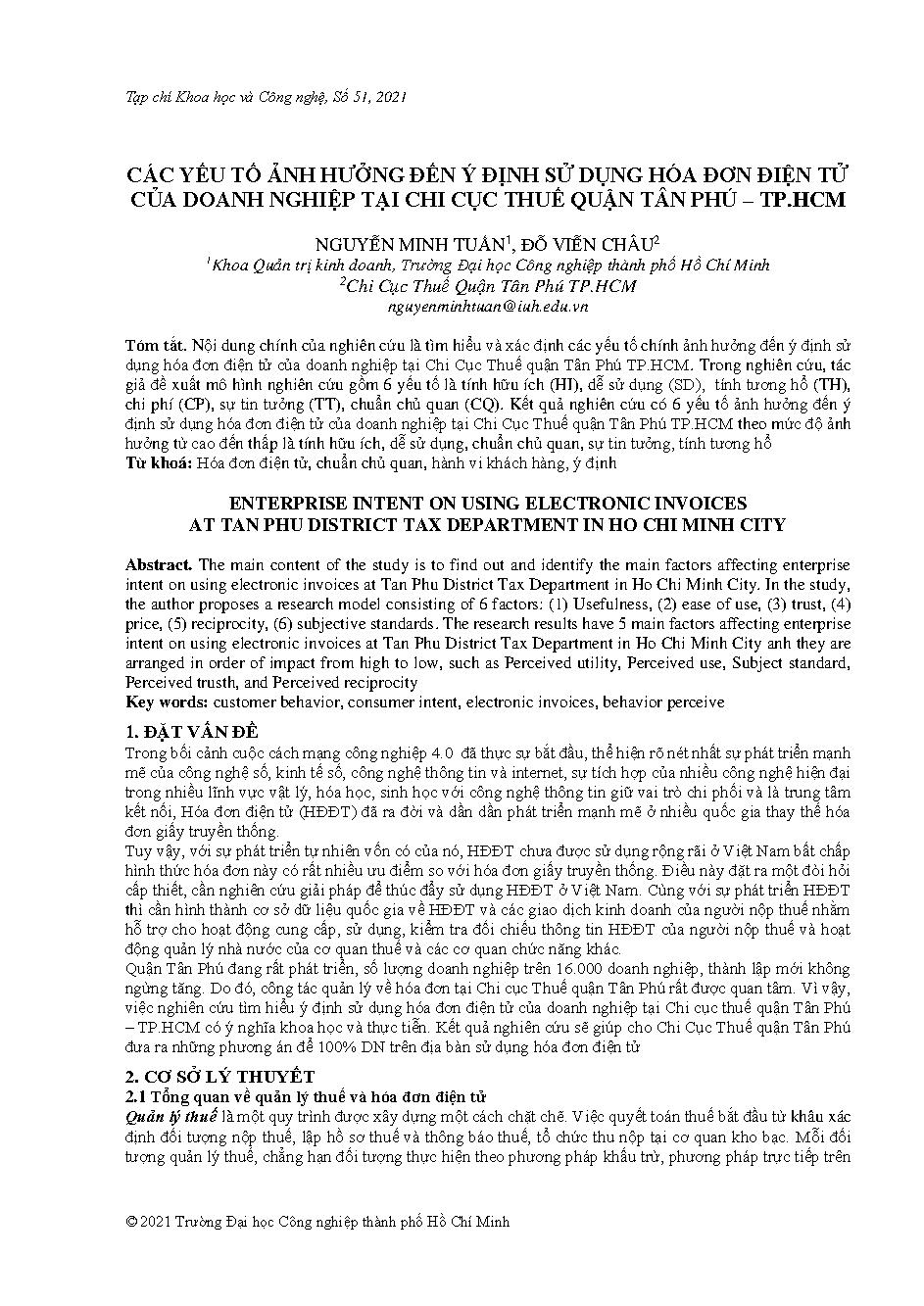 Các yếu tố ảnh hưởng đến ý định sử dụng hóa đơn điện tử của doanh nghiệp tại chi cục thuế quận Tân Phú – Tp.HCM