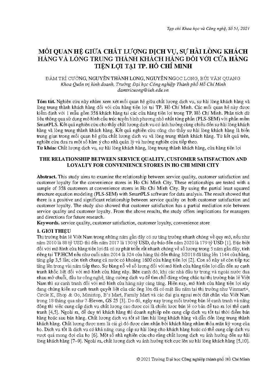 Mối quan hệ giữa chất lượng dịch vụ, sự hài lòng khách hàng và lòng trung thành khách hàng đối với cửa hàng tiện lợi tại Tp. Hồ Chí Minh