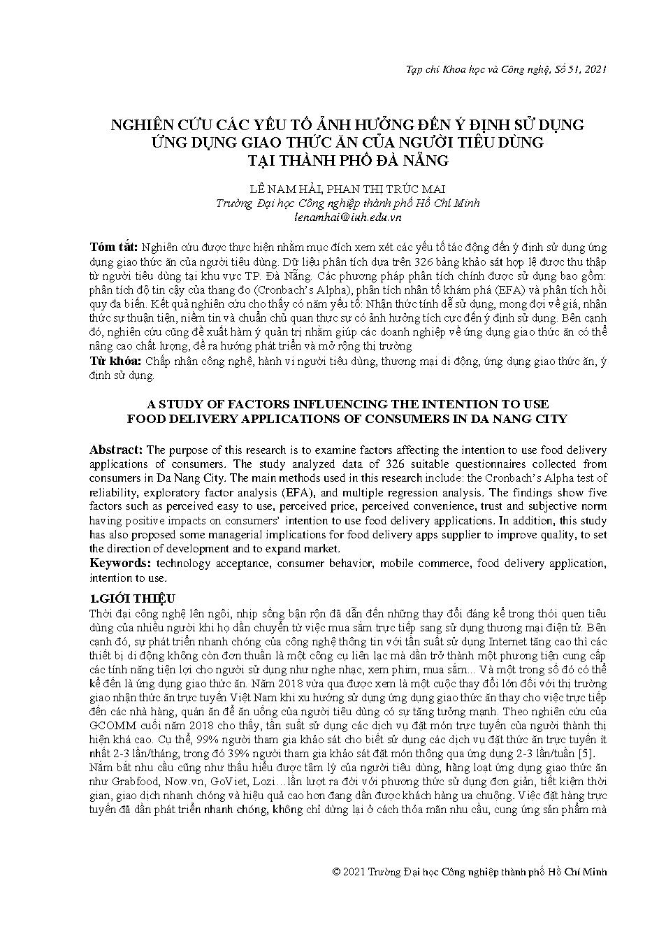 Nghiên cứu các yếu tố ảnh hưởng đến ý định sử dụng ứng dụng giao thức ăn của người tiêu dùng tại Thành phố Đà Nẵng